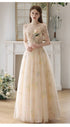 Light Champagne Floral Tulle Off Shoulder Party Dress, A-line Floral Prom Dress
