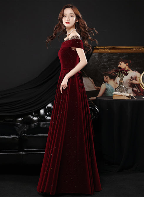 Wine Red Off Shoulder Simple Scoop Long Party Dress, Wine Red Evening Dress