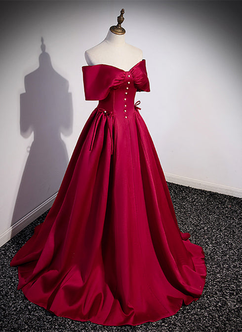 Wine Red Satin Sweetheart Long Evening Dress, Wine Red Satin Prom Dress