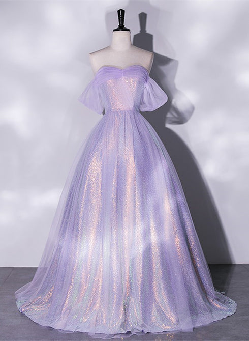 Lavender A-line Tulle and Sequins Prom Dress, Off Shoulder Tulle Evening Dress