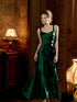 Green Satin Prom Dress Long Ruffle Evening Gown, Spaghetti Straps Formal Party Dress