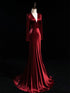 Wine Red Long Sleeves Open Back A-line Prom Dress, Wine Red Satin Wedding Party Dress