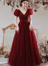 Wine Red Beaded Short Sleeves Tulle Party Dress, Wine Red A-line Long Prom Dress