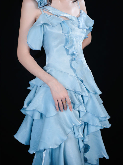 Light Blue High Low Satin Homecoming Dress, Light Blue High Low Party Dress