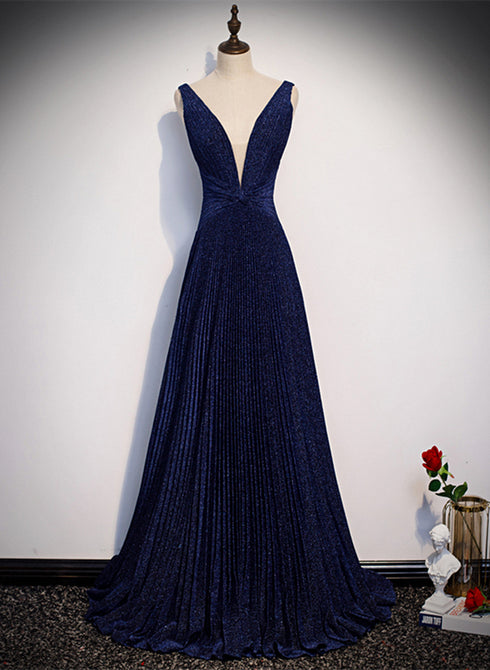 A-line Navy Blue V-neckline Long Party Dress, Navy Blue Long Prom Dress