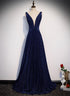 A-line Navy Blue V-neckline Long Party Dress, Navy Blue Long Prom Dress