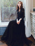 Black Tulle with Lace Long Sleeves A-line Prom Dress, Black Evening Dress Party Dress