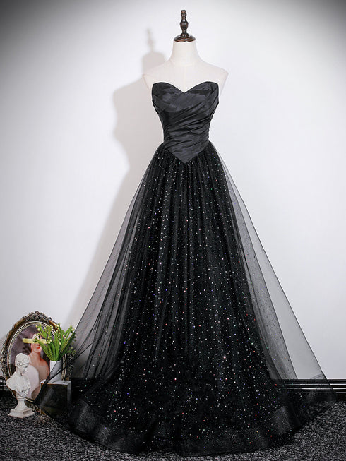 A-line Black Strapless Long Party Dress, Black Sweetheart Wedding Party Dress
