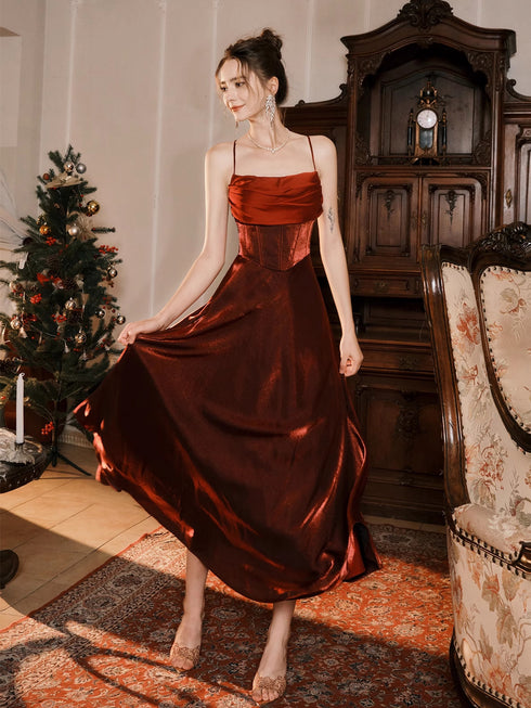 A-line Straps Satin Wine Red Long Party Dress with Sleeves, Wine Red Formal Dress
