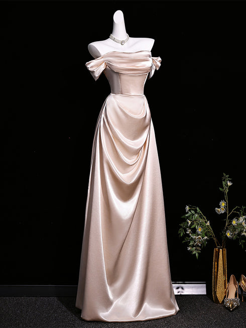 Champagne Strapless Satin Off Shoulder Prom Dress, A-line Satin Evening Dress
