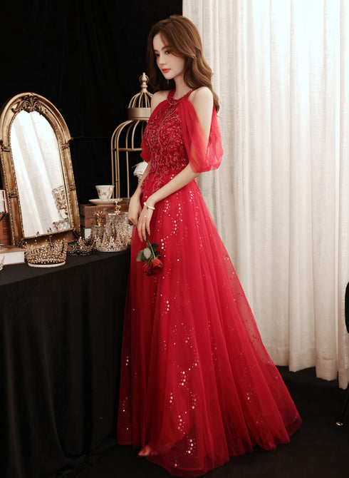 Red Sequins and Beaded Off Shoulder Long Prom Dress, Red A-line Party Dress