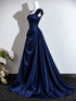 Navy Blue Satin Cap Sleeve Formal Evening Dress, A-line Navy Blue Ruched Long Prom Dress