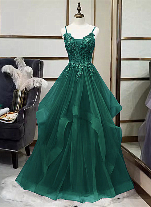 Green V-neckline Tulle with Lace Applique Prom Dress, Green Layers Tulle Party Dress
