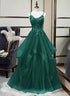 Green V-neckline Tulle with Lace Applique Prom Dress, Green Layers Tulle Party Dress