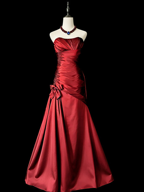 Red Taffeta Strapless Mermaid Long Evening Dress, Red Floor Length Prom Dress Party Dress