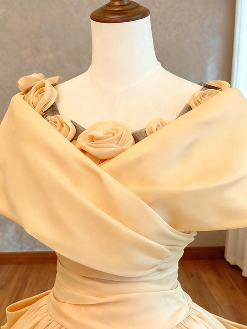 Champagne Off Shoulder Organza Ball Gown Prom Dress, A-line Long Formal Dress with Flowers