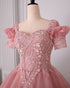 Pink Tulle Ball Gown with Lace Applique Sweet 16 Dress, Pink Off Shoulder Long Prom Dress