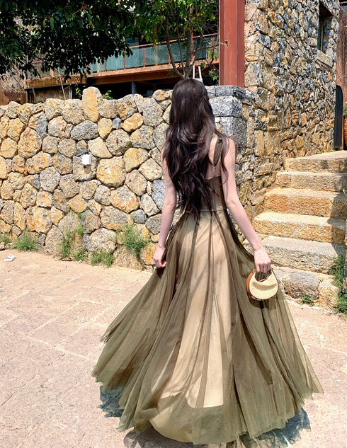 Green Tulle A-Line One Shoulder Formal Evening Dress, Green Long Prom Dress with Flowers