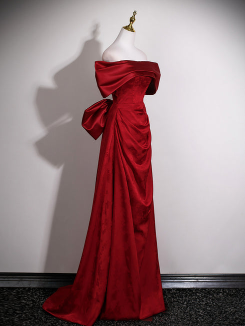 Wine Red Satin Off Shoulder Long Formal Dress with Bow, Wine Red Satin Evening Dress Prom Dress
