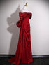 Wine Red Satin Off Shoulder Long Formal Dress with Bow, Wine Red Satin Evening Dress Prom Dress