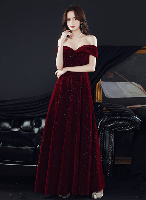 Wine Red Velvet Off Shoulder Long Party Dress, A-line Wine Red Prom Dress Evening Dress