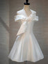 White Satin Beaded Off Shoulder Knee Lenght homecoming Dress, White Satin Party Dress