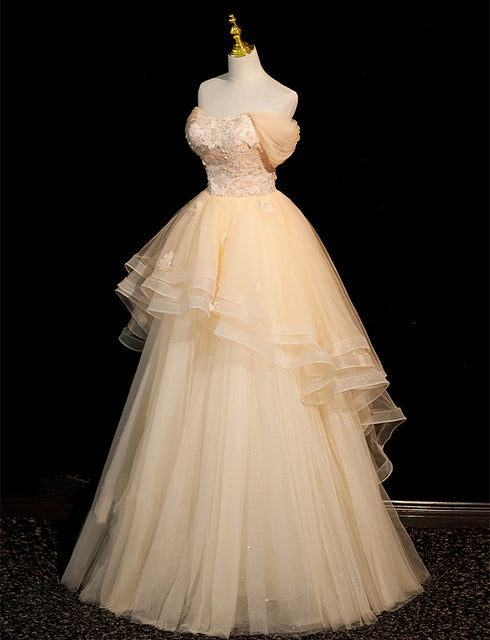 Cute Light Champagne Off Shoulder Sweetheart Prom Dress, Light Champagne Party Dress