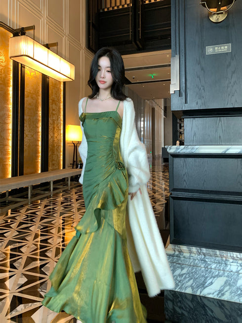 Green Satin Straps Long Evening Dress Prom Dress, Green Satin Scoop Evening Dress Formal Dress