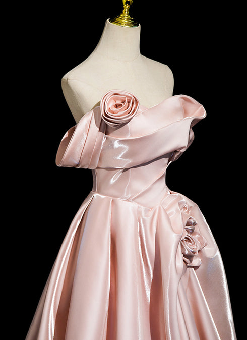 A-line Pink Satin Strapless Long Formal Dress, Pink Satin Off Shoulder Prom Dress