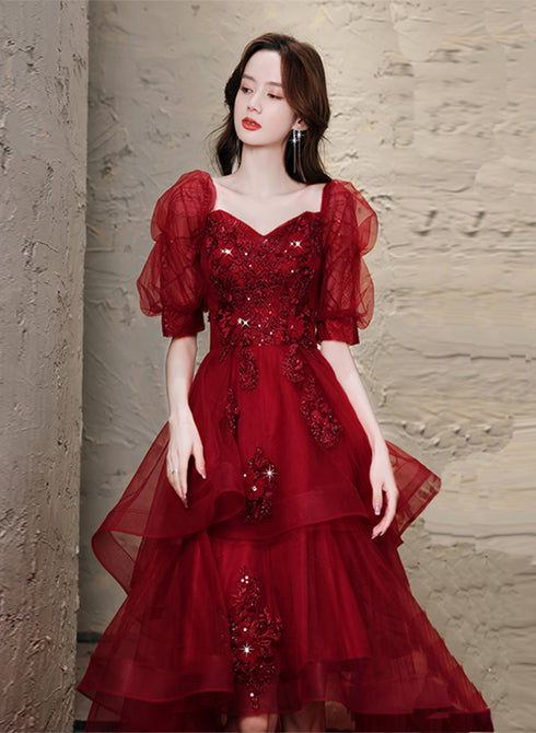 Wine Red High low Short Sleeves Homecoming Dress, Wine Red Short Prom Dress Formal Dress