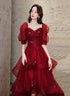Wine Red High low Short Sleeves Homecoming Dress, Wine Red Short Prom Dress Formal Dress