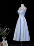 Light Blue Beaded Straps Tea Length Party Dress, Light Blue Wedding Party Dress Formal Dress