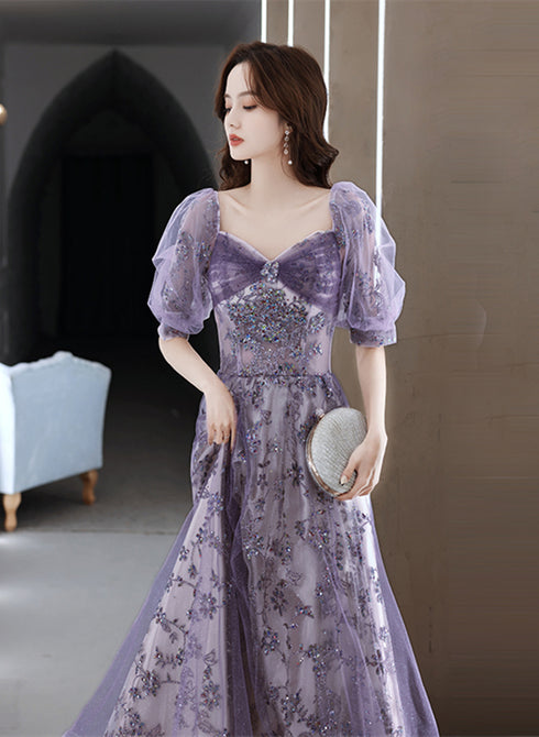 Purple Short Sleeves Tulle Sweetheart Party Dress, A-line Purple Tulle Prom Dress