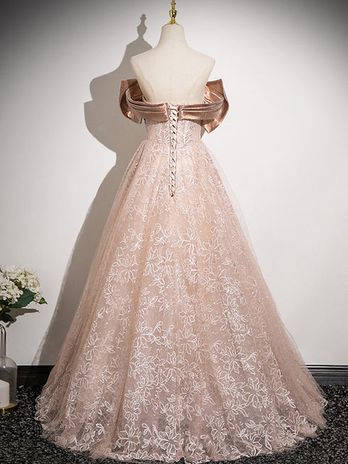A-line Champagne Lace Off Shoulder Sweetheart Party Dress, Champagne Prom Dress