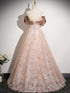 A-line Champagne Lace Off Shoulder Sweetheart Party Dress, Champagne Prom Dress