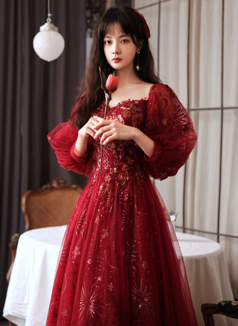 Wine Red Tulle Shiny Tulle Puffy Sleeves Prom Dress, Wine Red Long Party Dress
