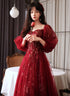 Wine Red Tulle Shiny Tulle Puffy Sleeves Prom Dress, Wine Red Long Party Dress