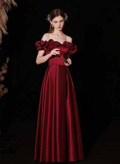 Wine Red Satin Off Shoulder Long Evening Dress, Wine Red Satin Prom Dress