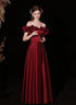 Wine Red Satin Off Shoulder Long Evening Dress, Wine Red Satin Prom Dress