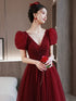 Wine Red Beaded Short Sleeves Tulle Party Dress, Wine Red A-line Long Prom Dress