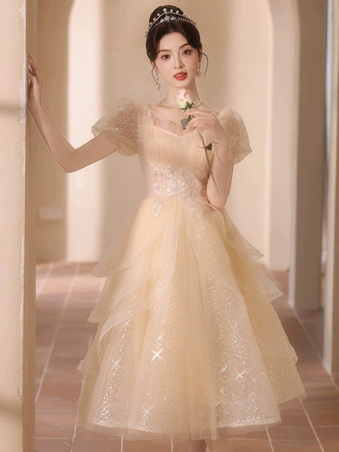 Sparkly Champagne Tulle Prom Dress with Puff Sleeves, Fairy Tea-Length Bridesmaid Homecoming Party Dress