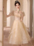 Sparkly Champagne Tulle Prom Dress with Puff Sleeves, Fairy Tea-Length Bridesmaid Homecoming Party Dress