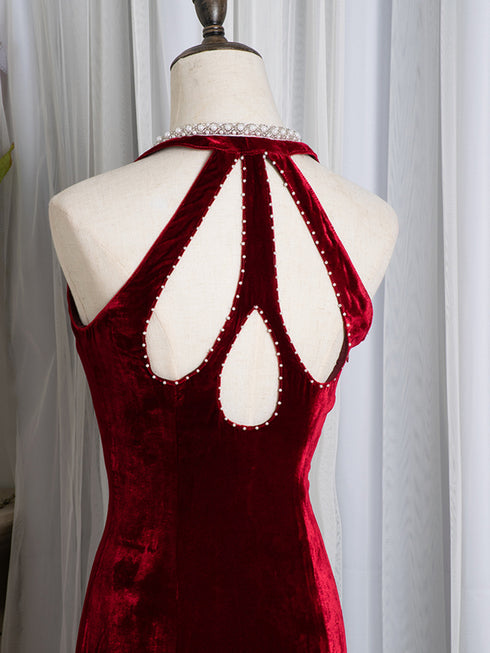 Wine Red Velvet Mermaid Beaded Long Party Dress, Wine Red Prom Dress