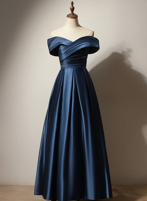 A-line Navy Blue Satin Long Party Dress, Navy Blue Prom Dress
