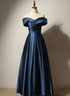 A-line Navy Blue Satin Long Party Dress, Navy Blue Prom Dress