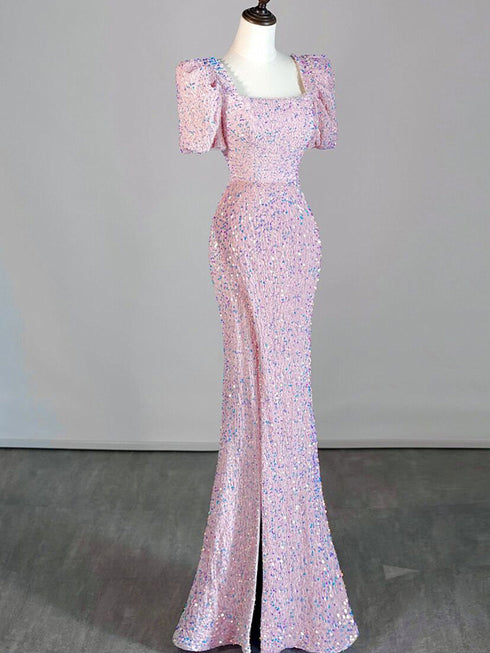 Pink Mermaid Sequins Short Sleeves Long Party Dresss, Pink Sequins Long Formal Dress