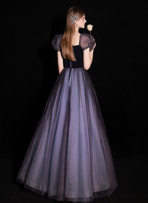 A-line Purple Short Sleeves Tulle and Velvet Long Prom Dress, Long Party Dress