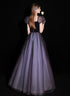 A-line Purple Short Sleeves Tulle and Velvet Long Prom Dress, Long Party Dress