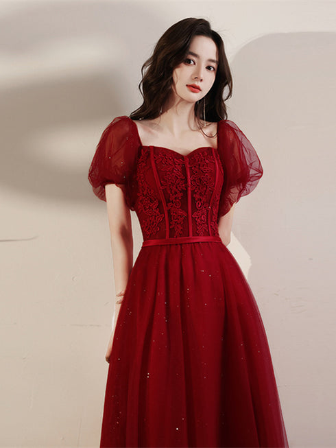 Wine Red Short Sleeves Tea Length Tulle Party Dress, Wine Red Tulle Formal Dress