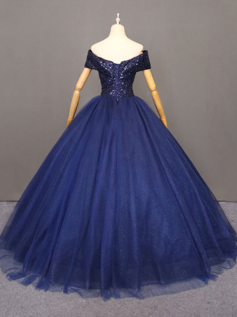 Navy Blue Tulle Beaded Ball Gown Sweet 16 Dress, Blue Tulle Prom Dress Party Dress